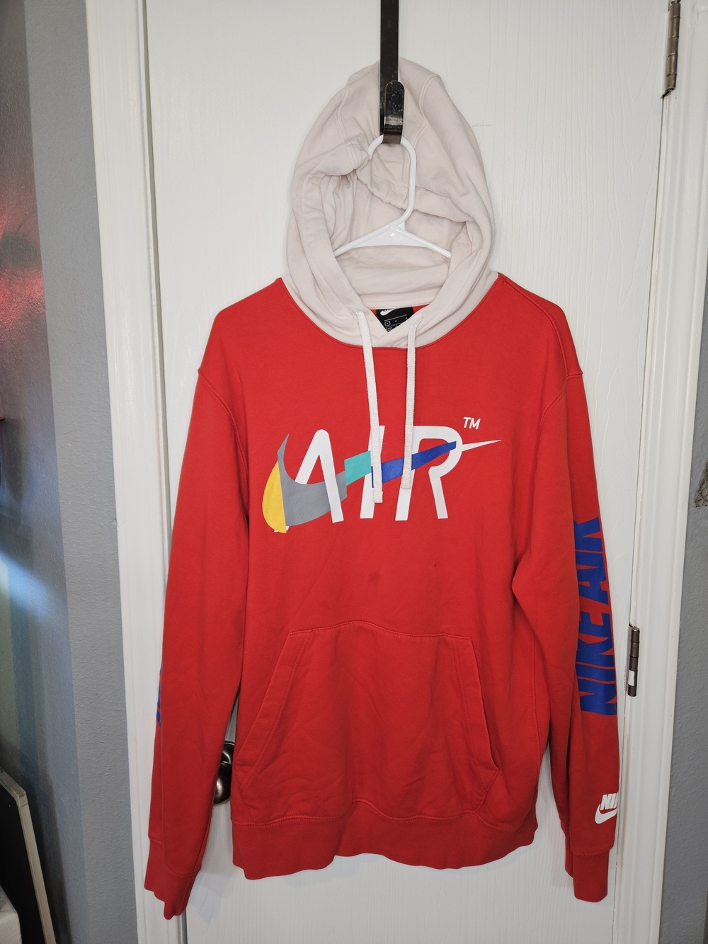 Nike Red Hoodie with Cream Hood and Multicolor AIR Logo